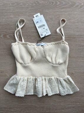 Zara Ivory Knit Lace-Trim Peplum Cami